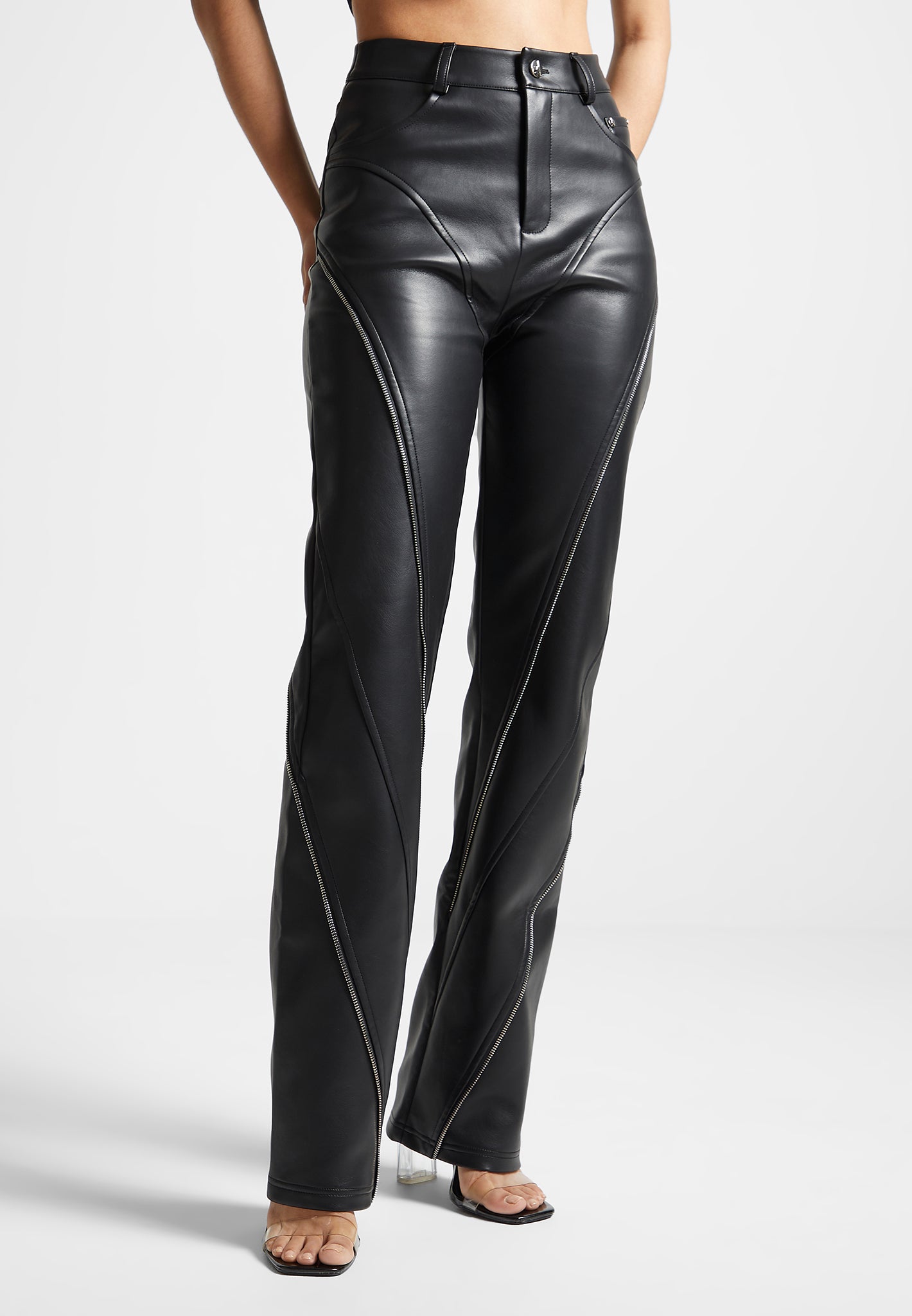EDIKTED Luna Faux Leather Womens Flare Pants - BLACK