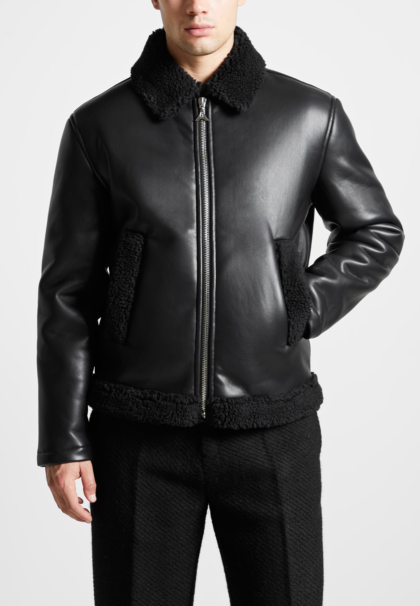 Vegan Leather Shearling Jacket - Black