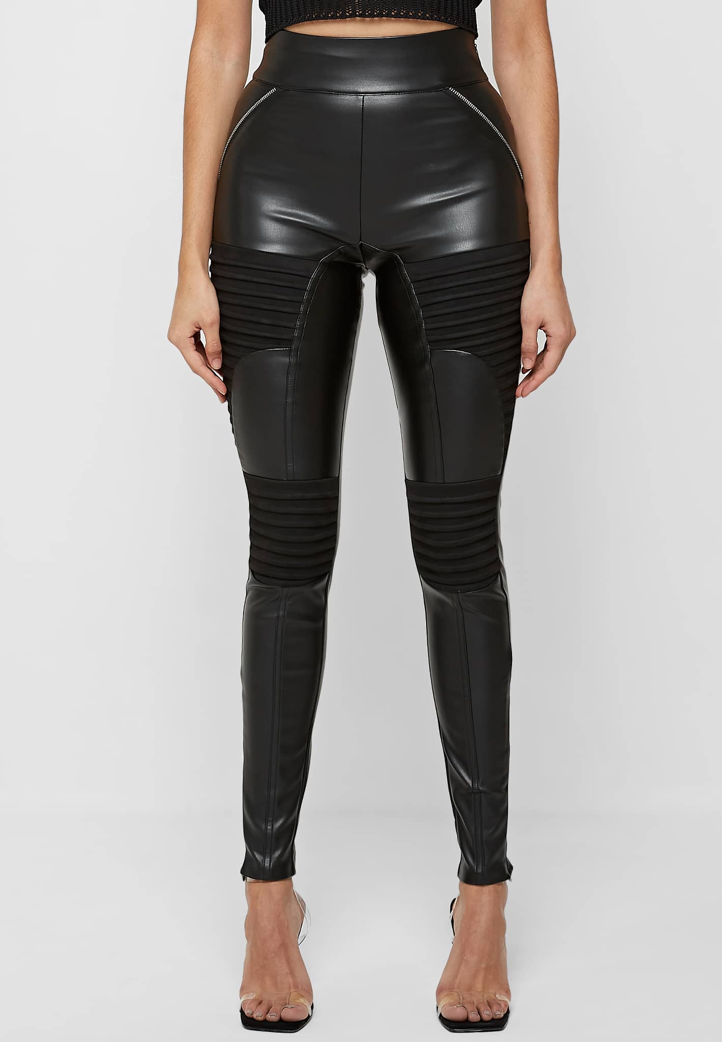 Womens Faux Leather Leggings, Sexy High Waisted Pleated Leather
