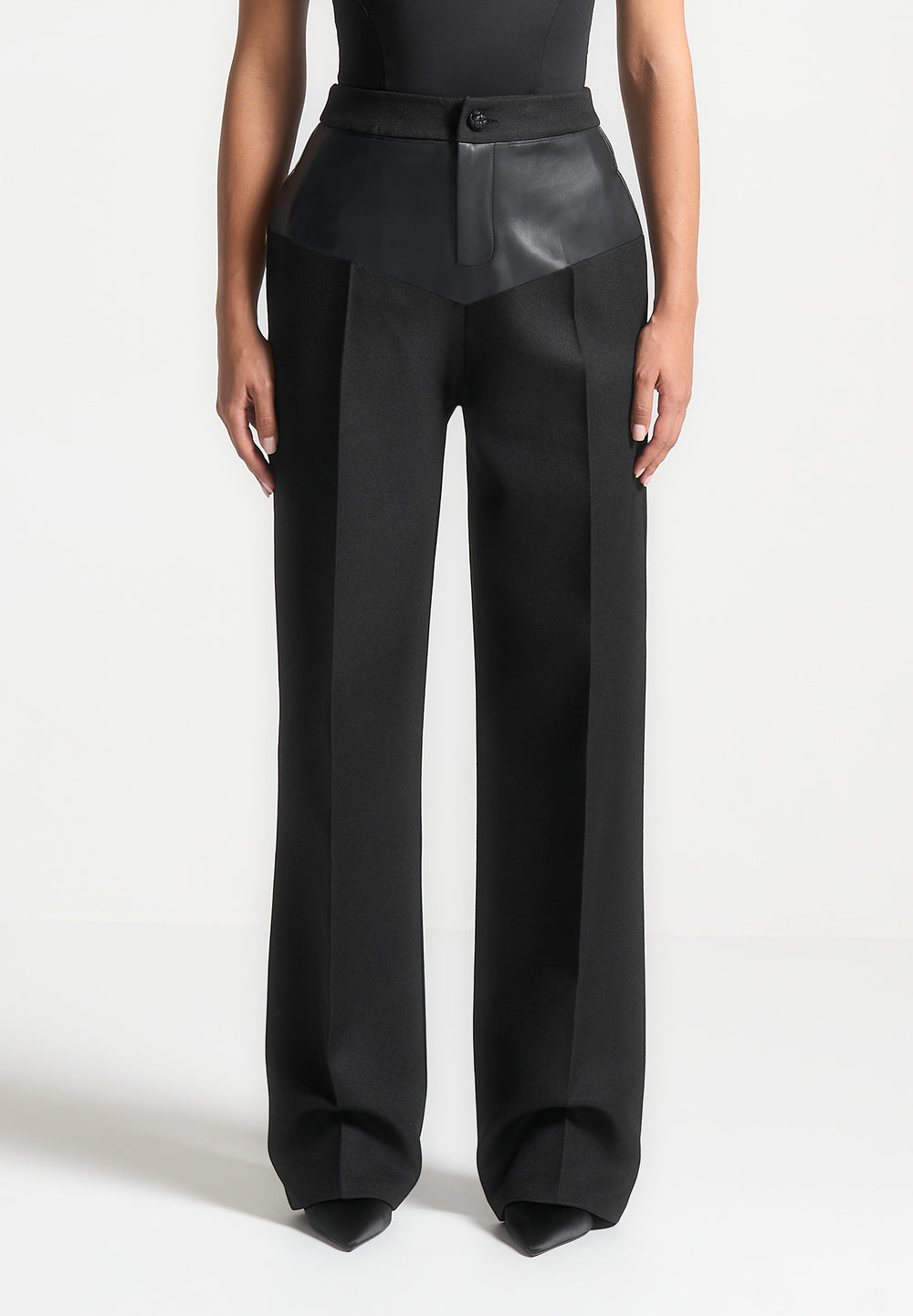 Leather Panel Tailored Trousers - Black