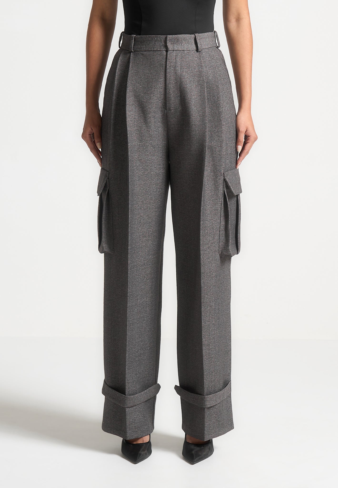 Textured Tailored Pleated Cargo Trousers - Grey Marl