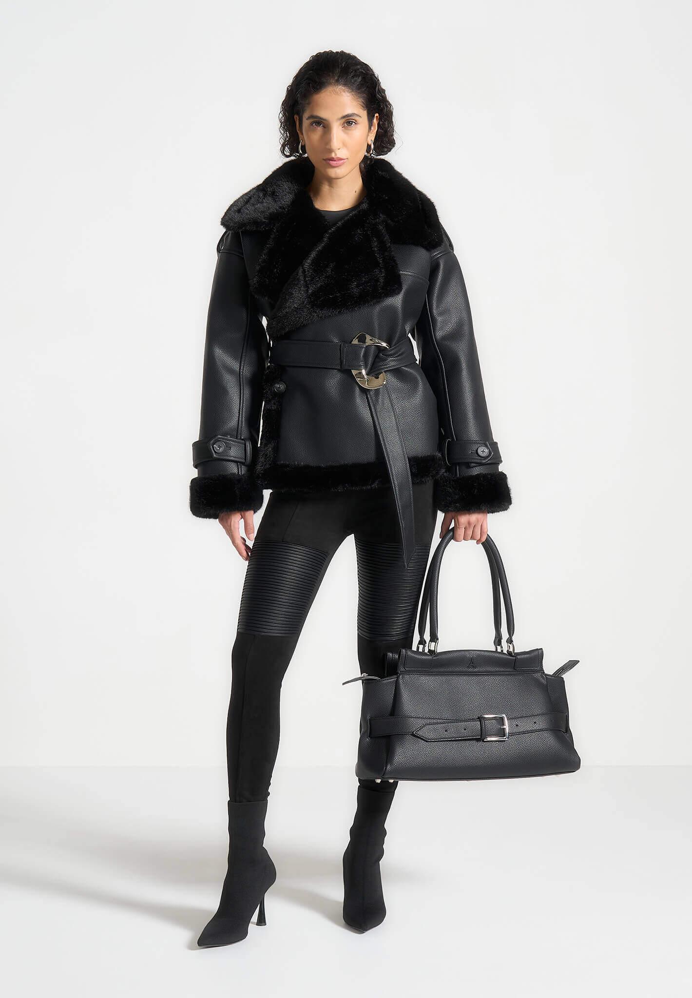 Leather and Plush Wrap Belted Jacket - Black