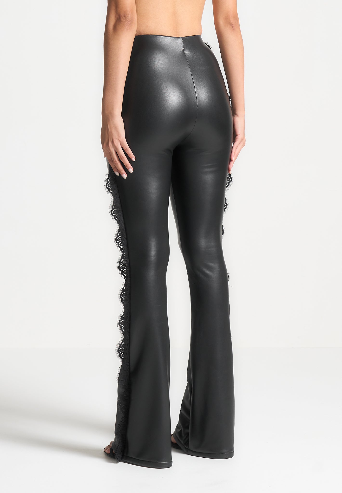 Lace Trim Leather Fit and Flare Leggings Black