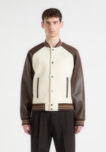 Contrast Leather Bomber Jacket - Cream/Brown