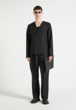 Collarless Double Breasted Minimal Blazer - Black