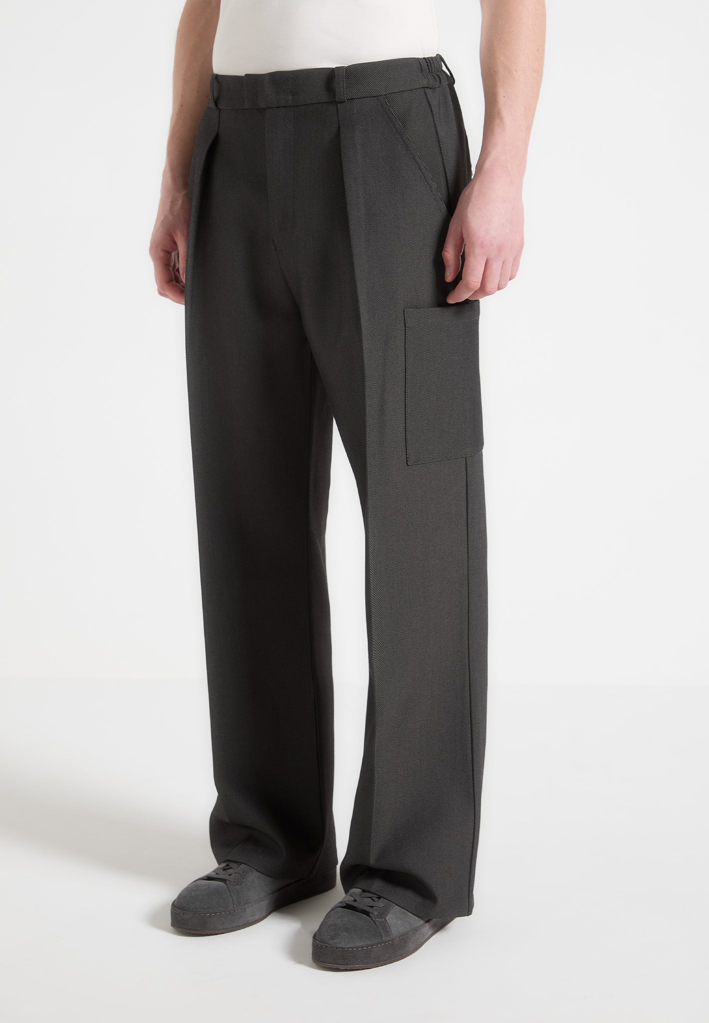 Wide Leg Pleated Pocket Trousers - Grey