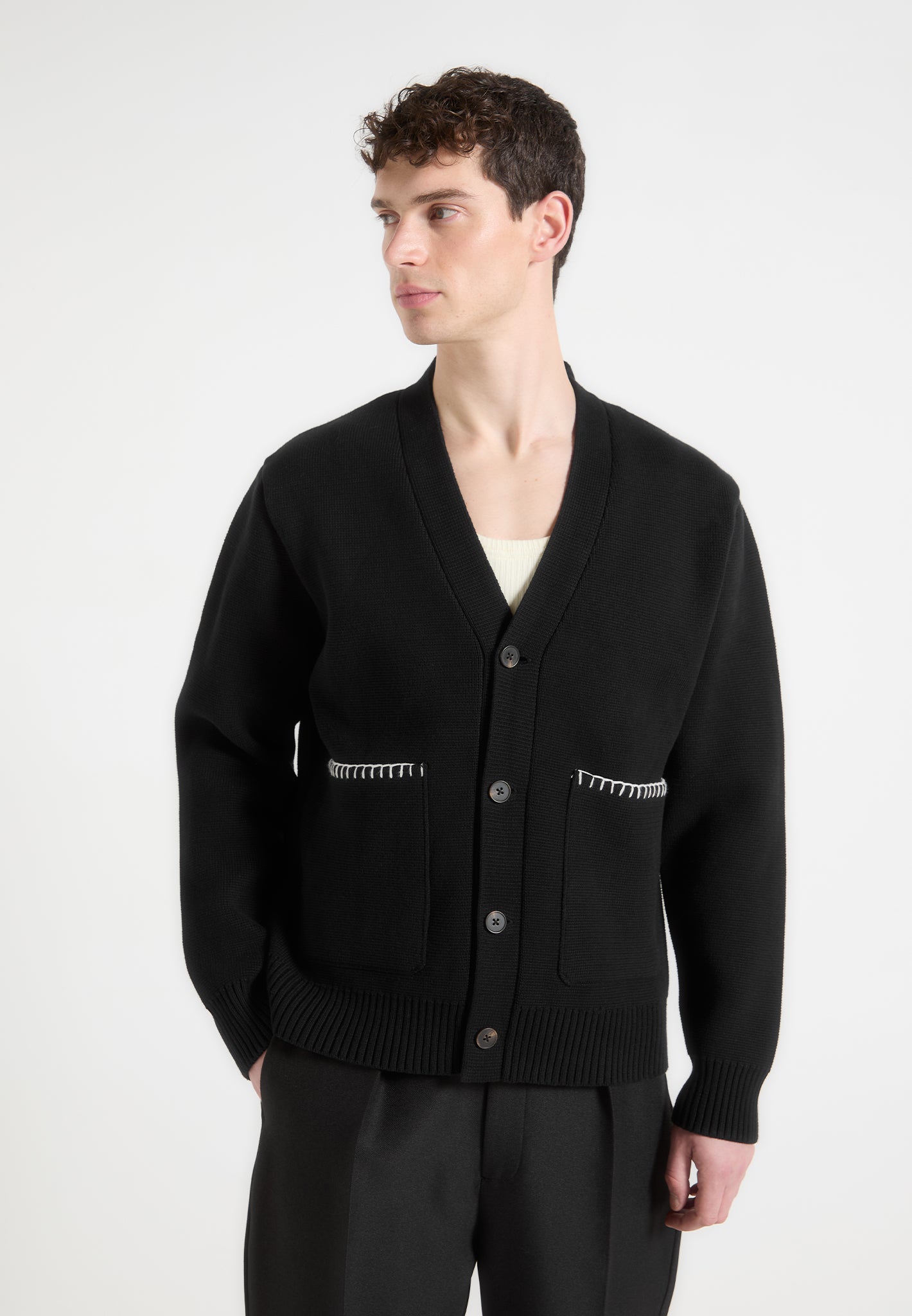 Whipstitch Combed Cotton Cardigan - Black