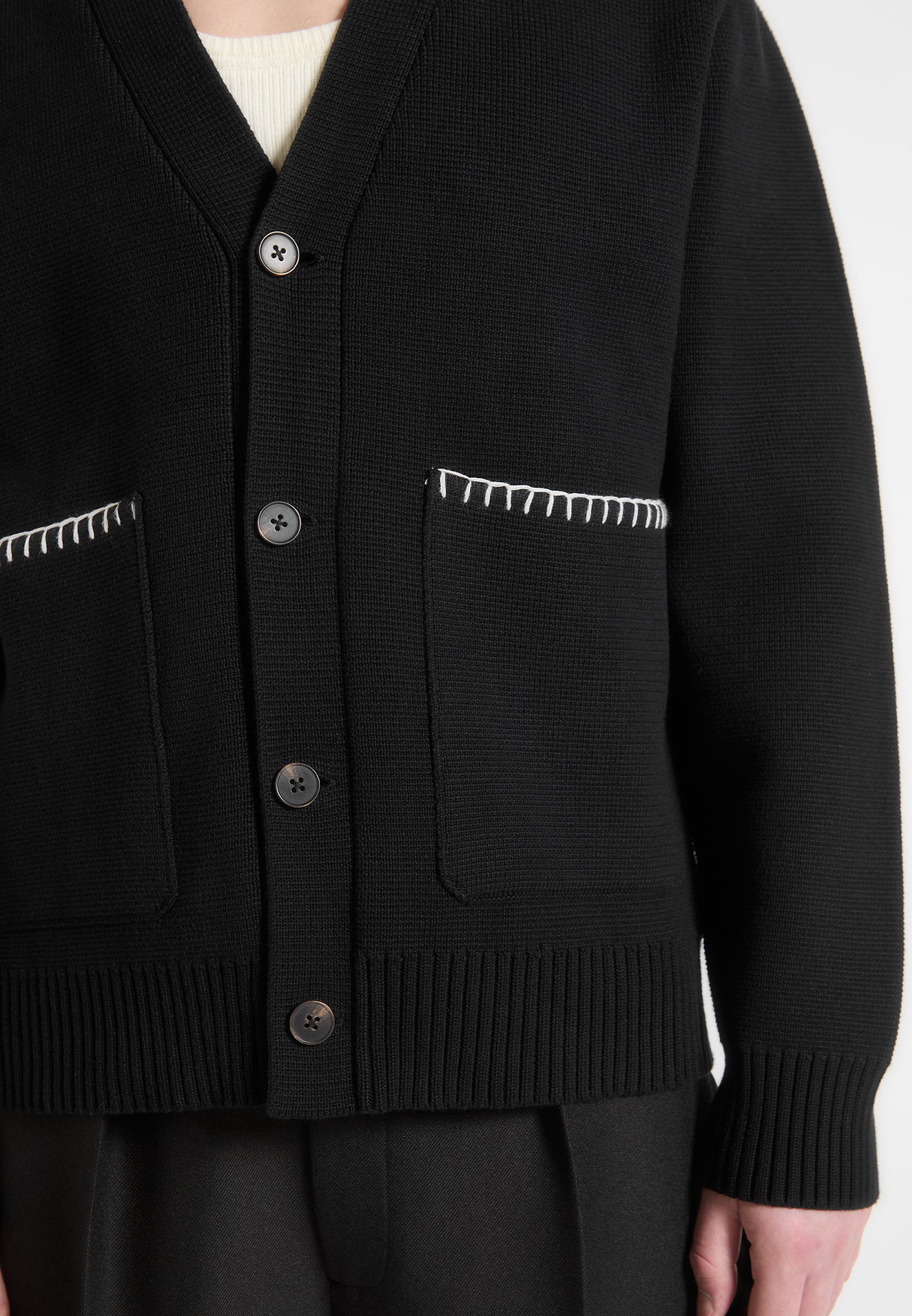 Whipstitch Combed Cotton Cardigan - Black