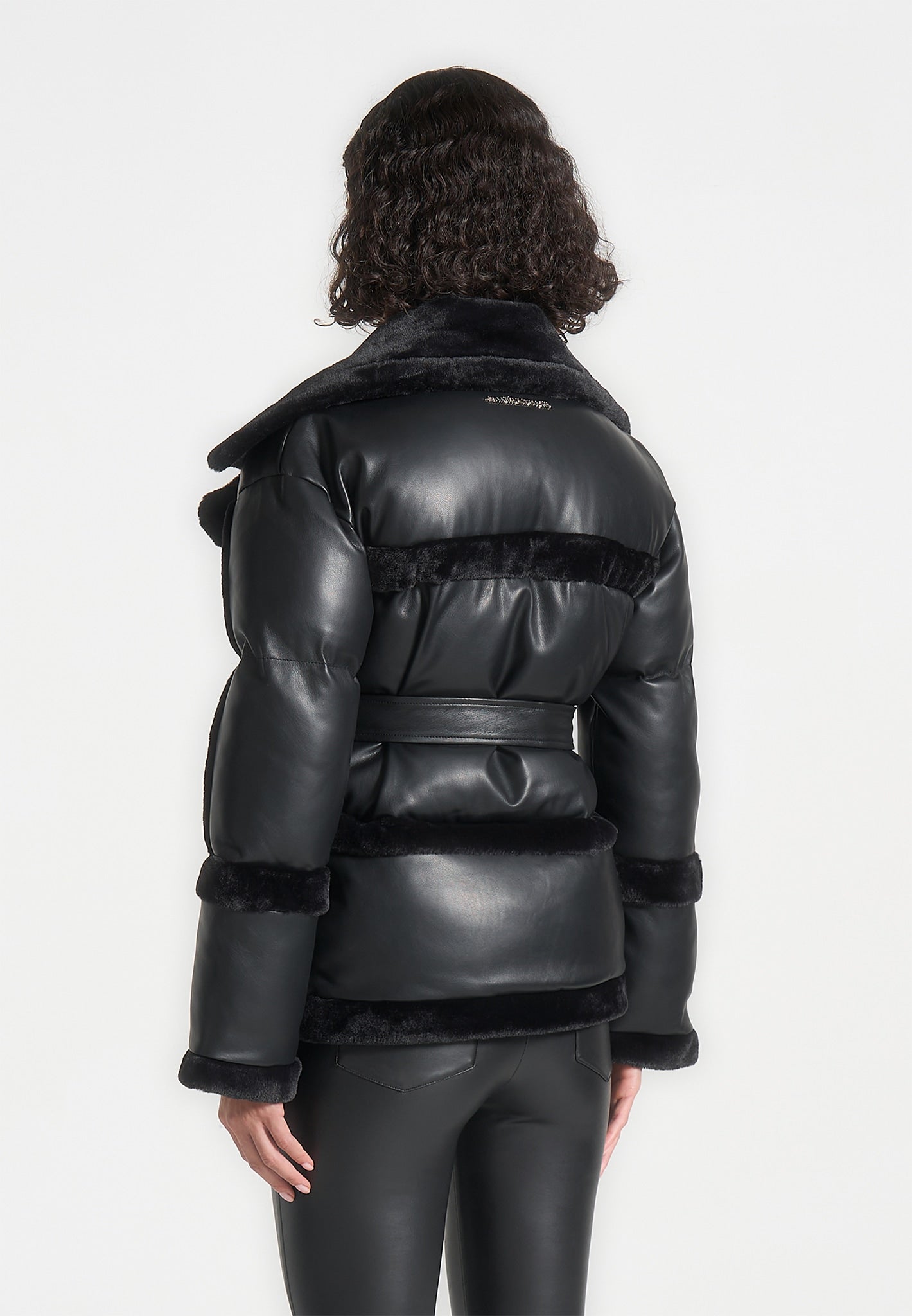 Leather and Plush Puffer Biker Jacket Black