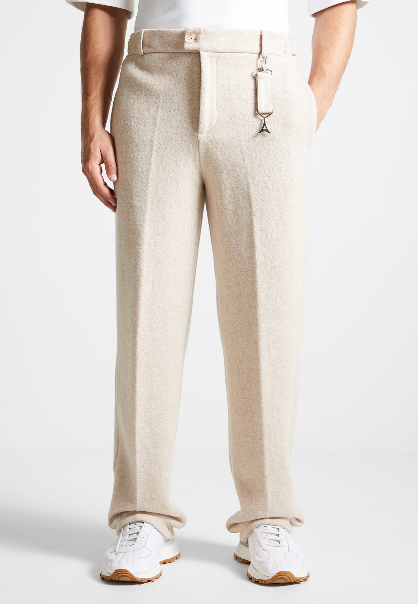 Wool Blend Marl Belted Trousers - Light Grey