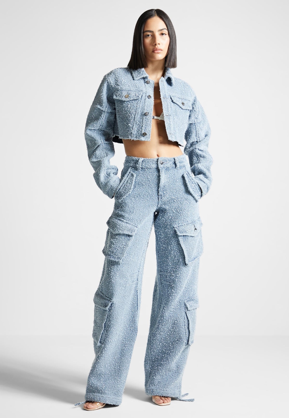 High Waisted Boucle Denim Cargo Pants - Mid Blue | Manière De Voir