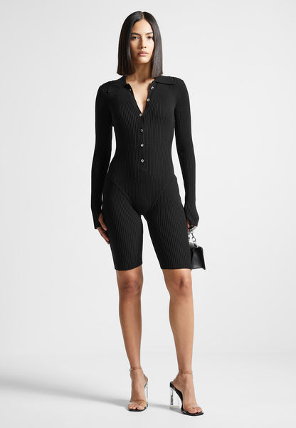 Black Ribbed Long Sleeve Unitard Jumpsuit - Vera – Storm Desire