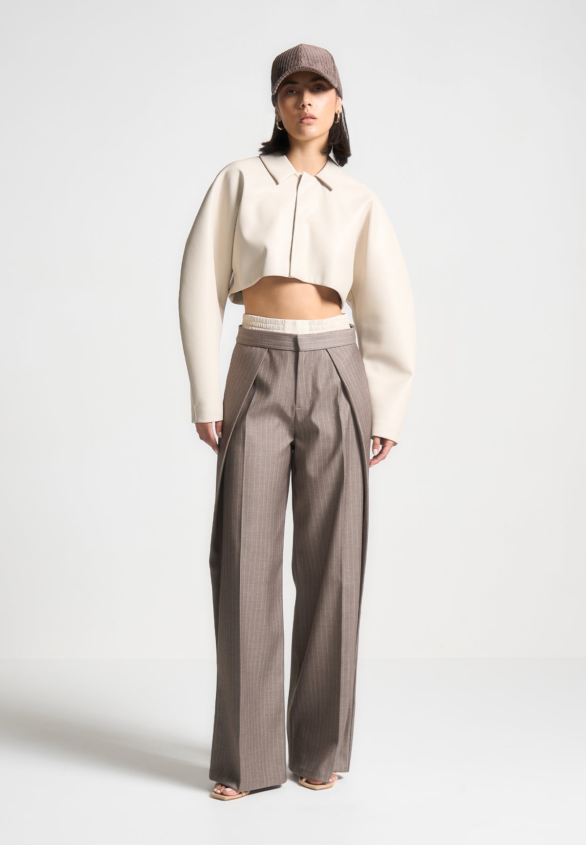 Satin Waistband Pinstripe Trousers - Taupe | Manière De Voir