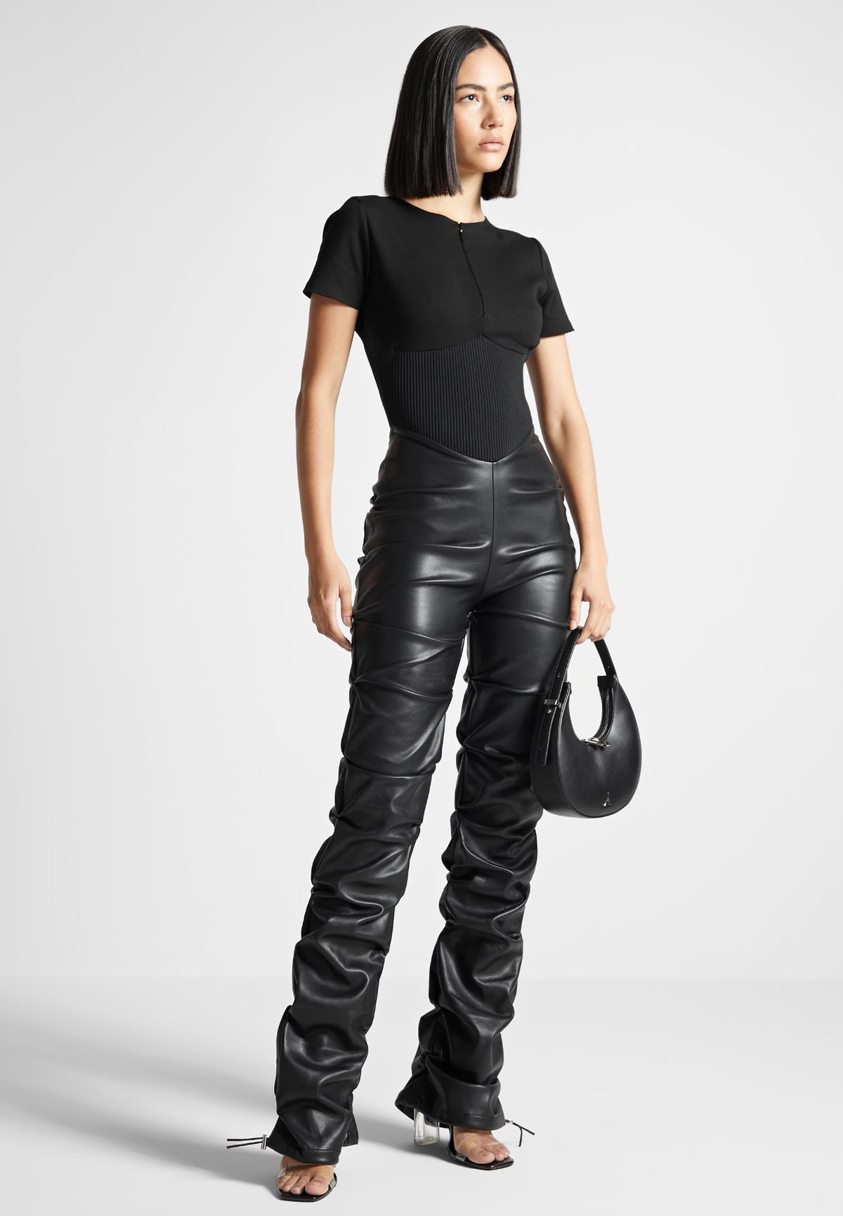 Tacked Vegan Leather T-Shirt Jumpsuit - Black | Manière De Voir