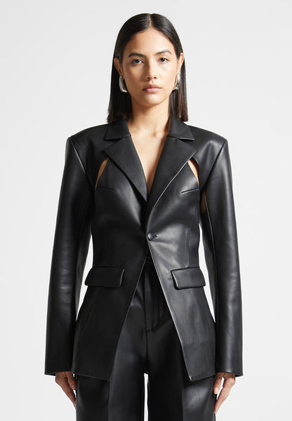 Black blazer with leather trim best sale