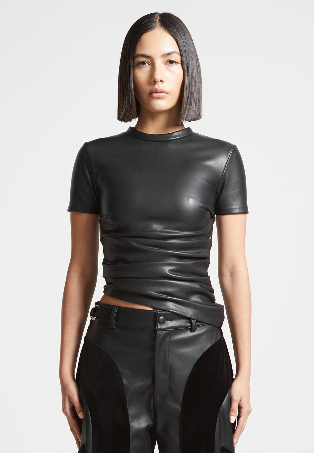 Vegan Leather Ruched T-Shirt - Black | Manière De Voir