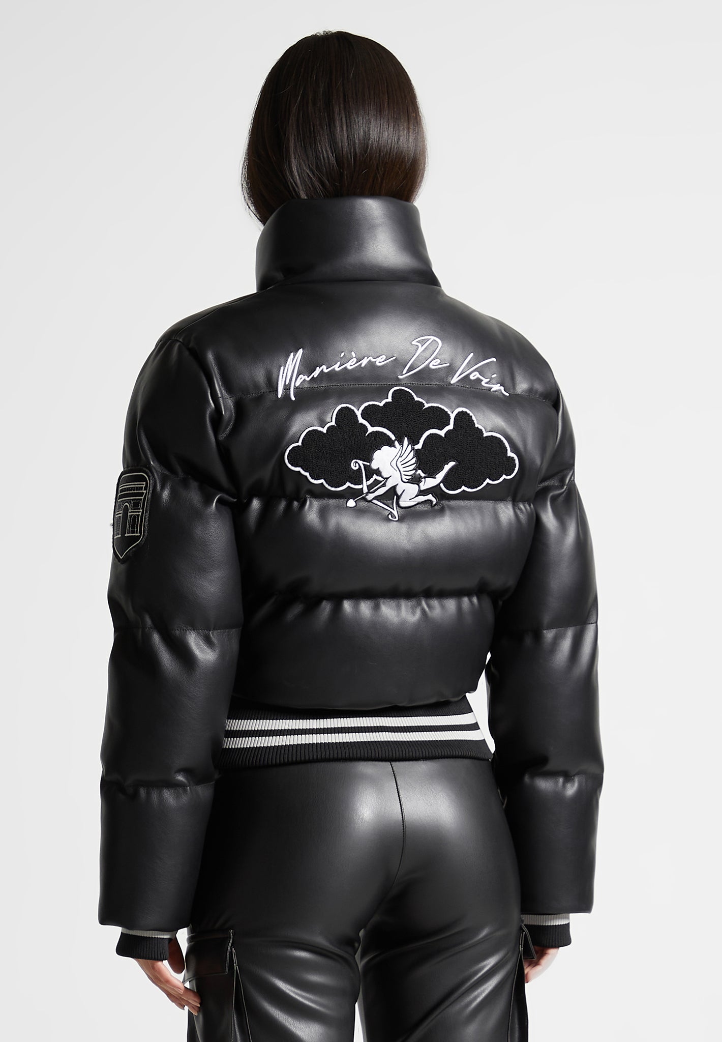Vegan Leather Signature Varsity Puffer Jacket - Black | Manière De Voir