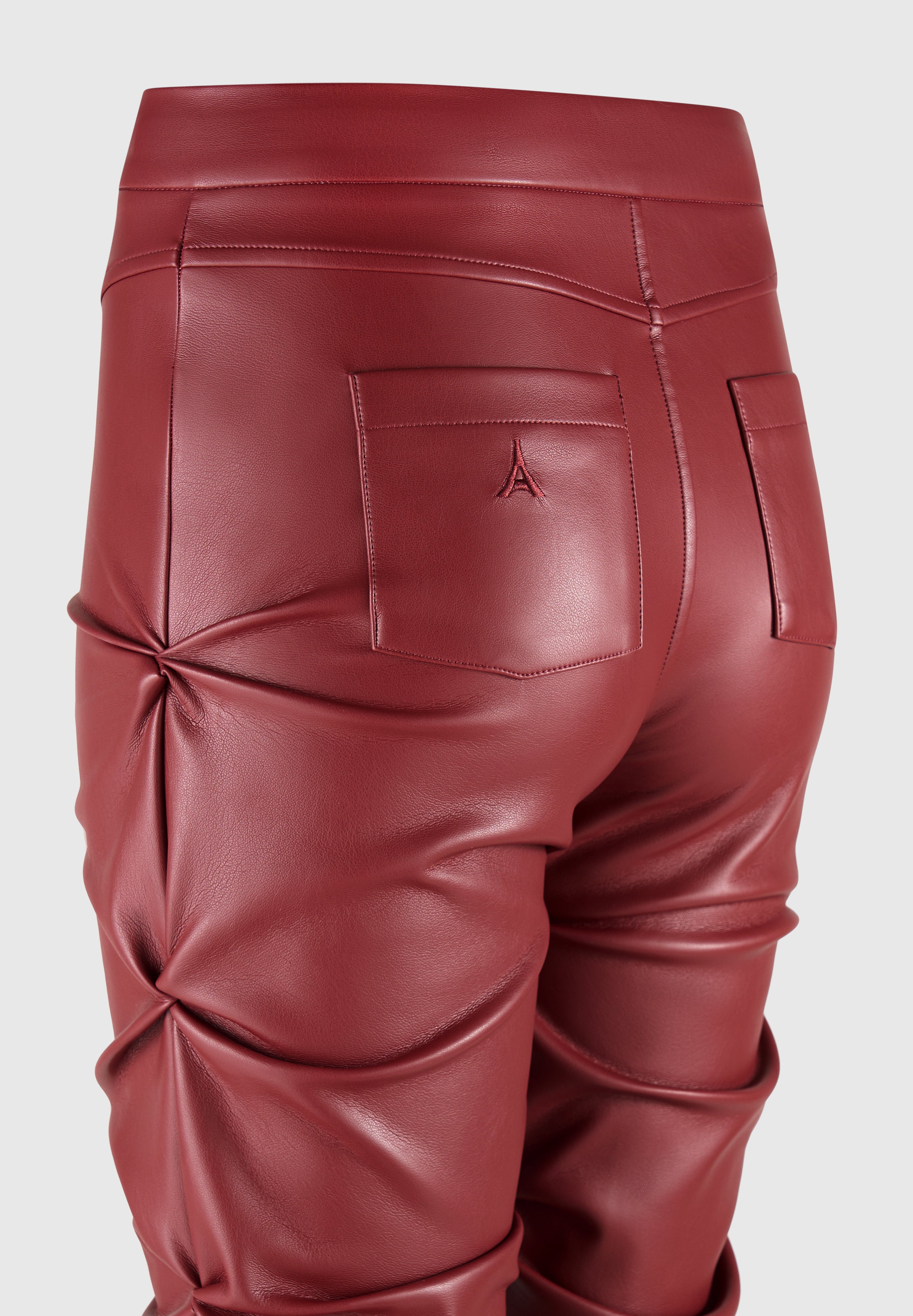 tacked-vegan-leather-flared-trousers-wine-red