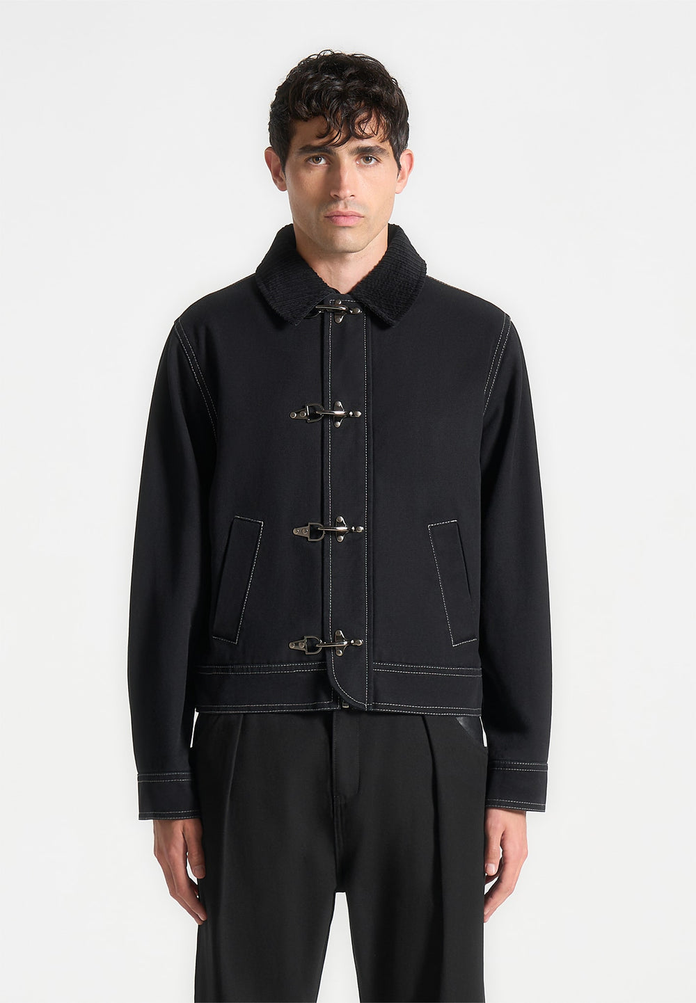 clasp-detail-contrast-stitch-gabardine-jacket-black