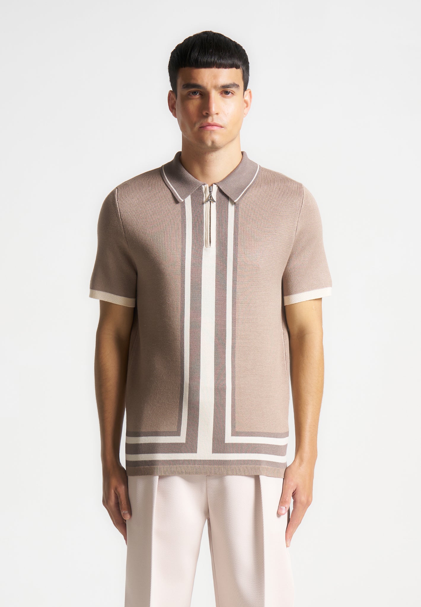 Contrast Border Knit Zip Polo Shirt - Taupe