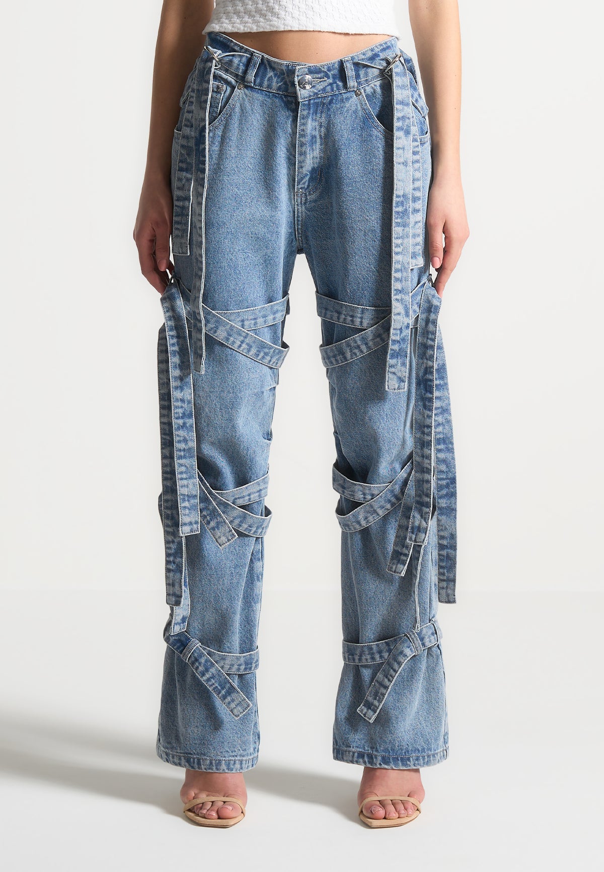 Denim Strap Cargo Jeans - Mid Blue | Manière De Voir