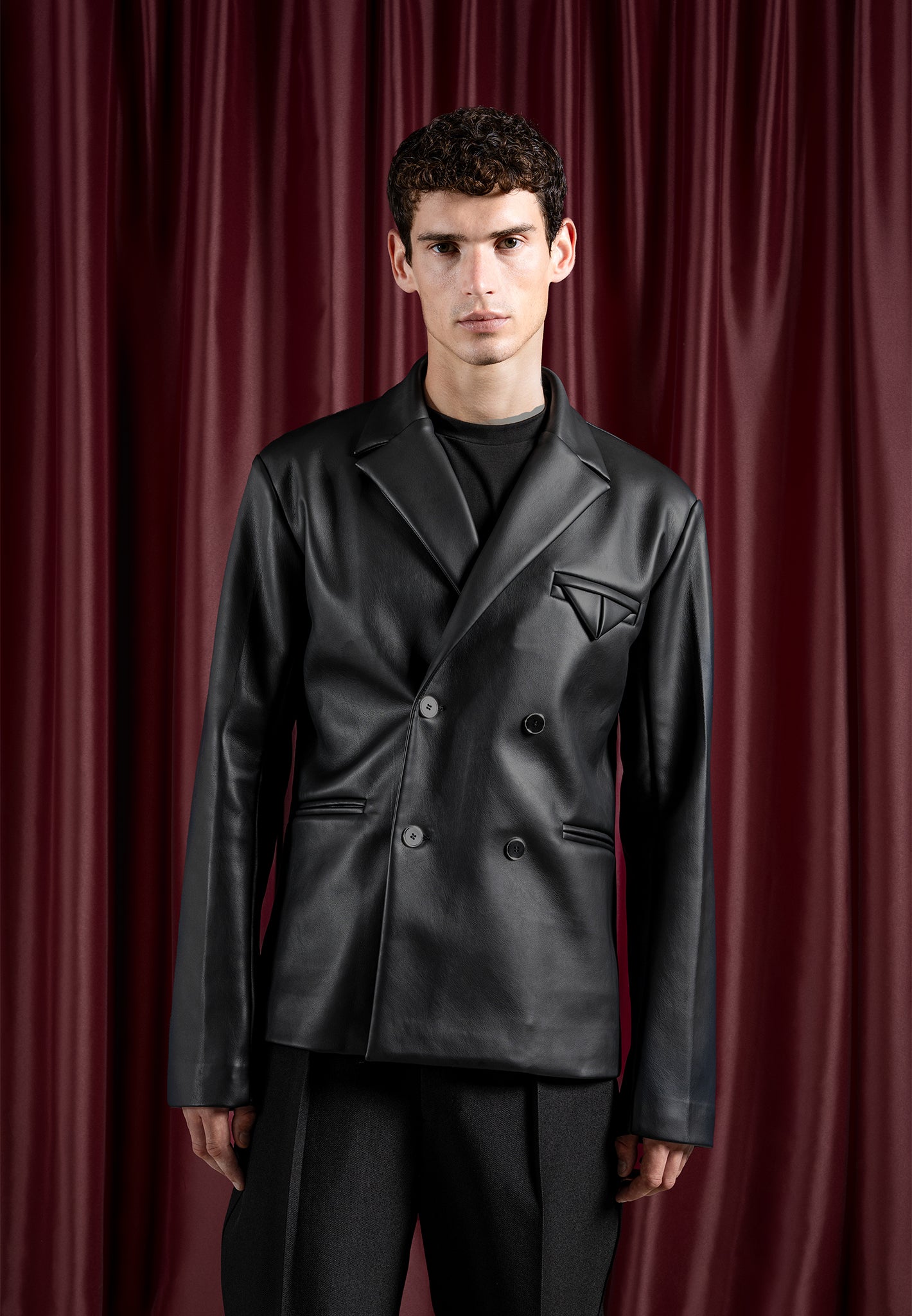 Double Breasted Vegan Leather Suit Jacket - Black