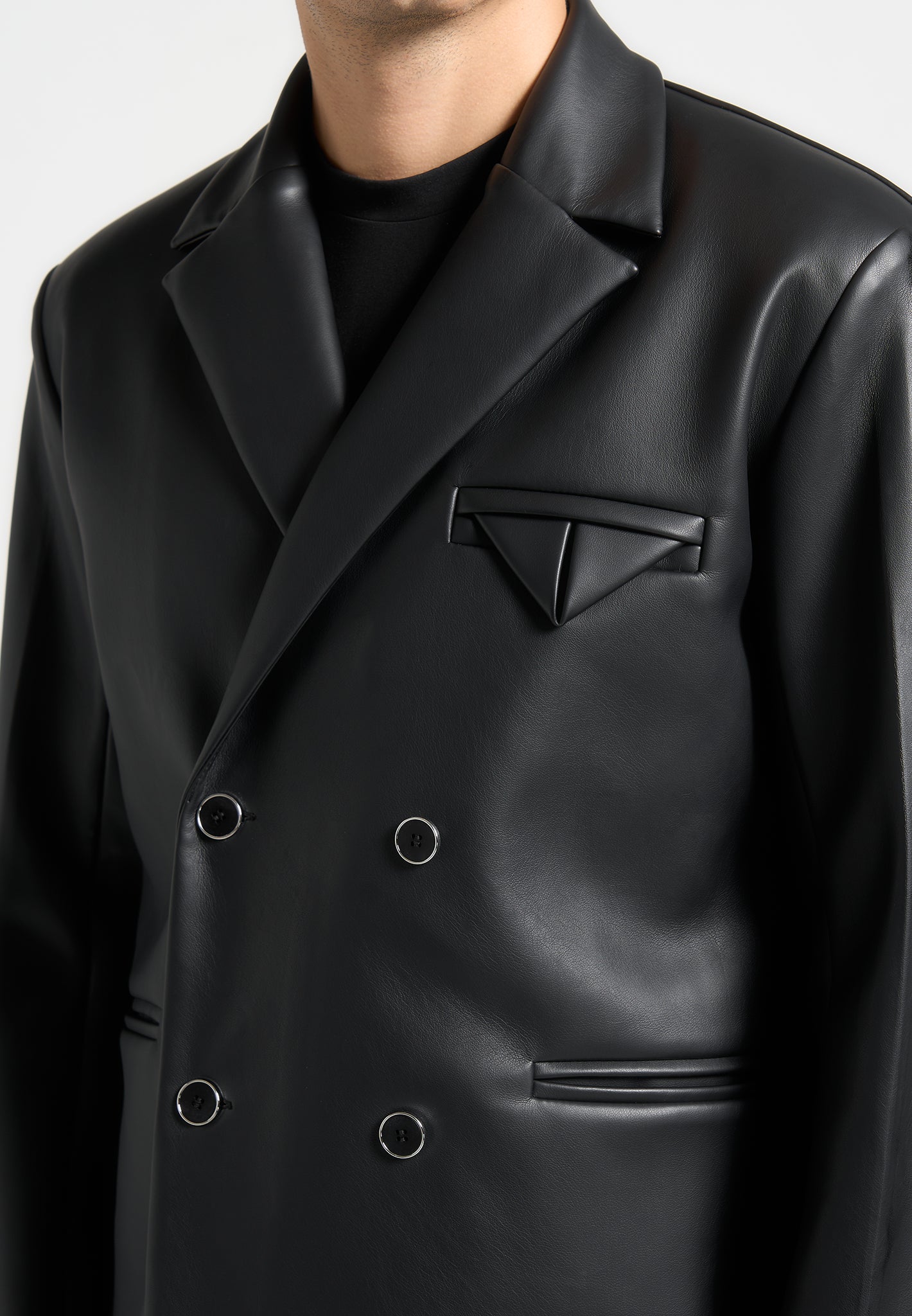 Double Breasted Leather Suit Jacket Black