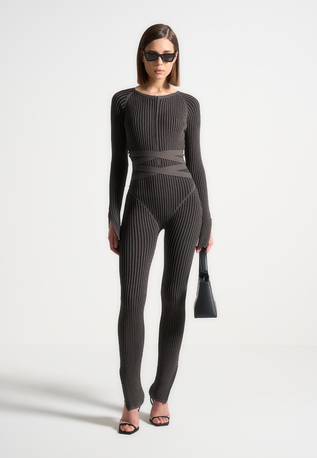 Knitted Two Tone Jumpsuit with Belt - Grey/Black | Manière De Voir