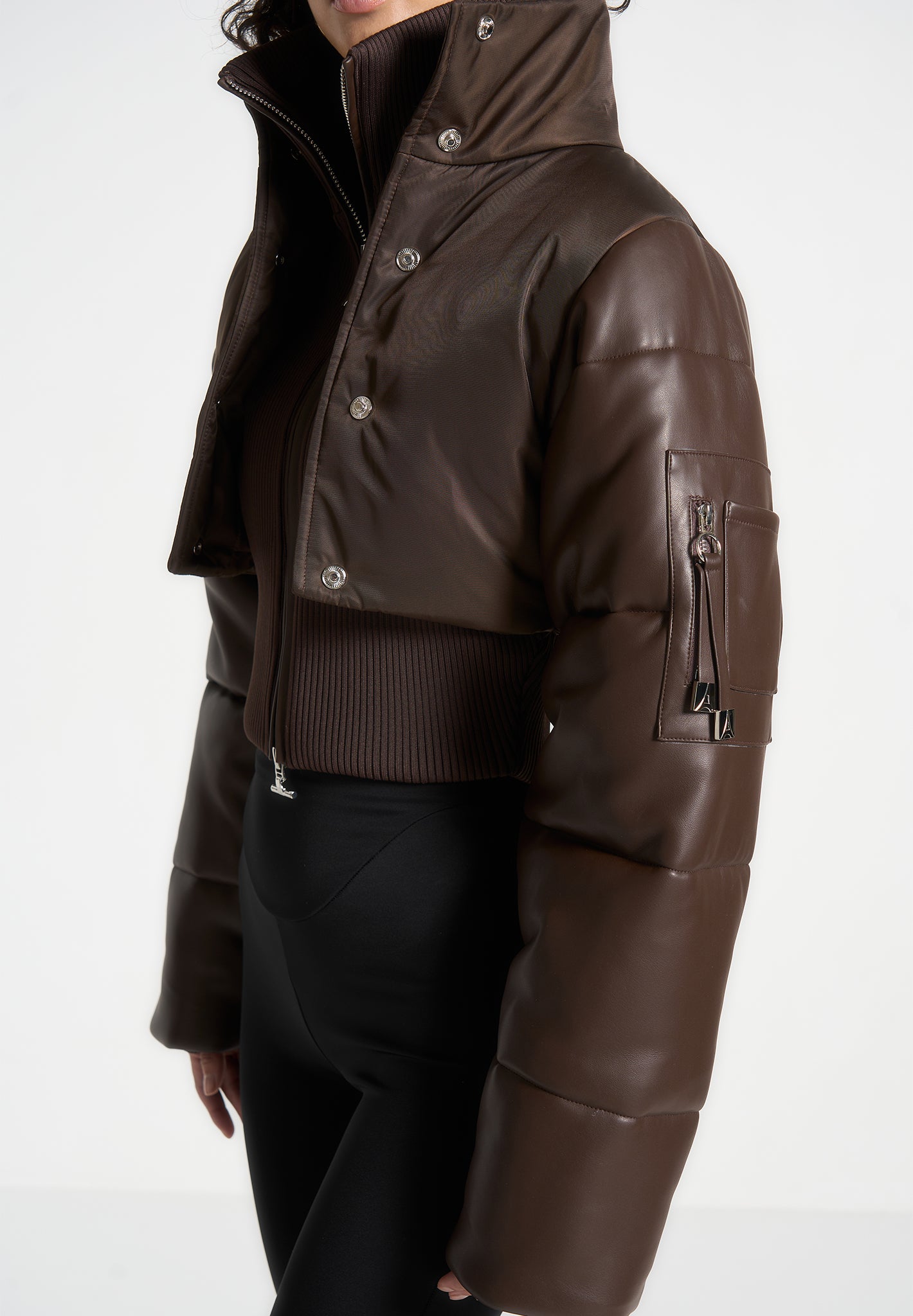 Leather and Nylon Layered Puffer Jacket Brown