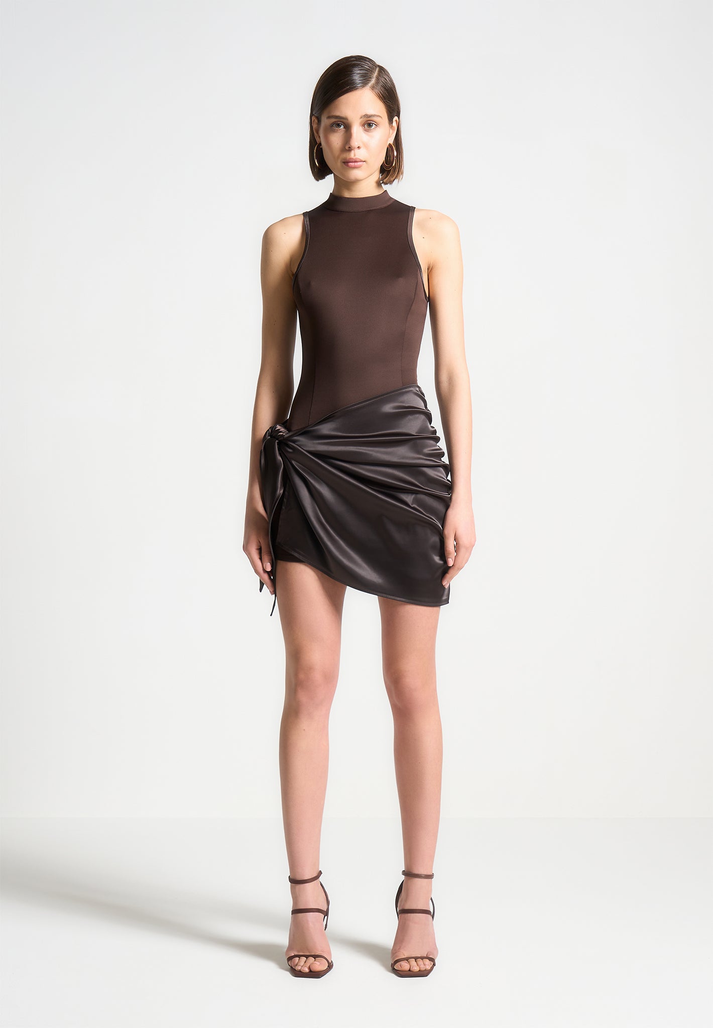 Neoprene Satin Wrap Bodycon Dress Brown