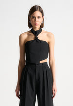 pinstripe-tie-knot-halter-top-black