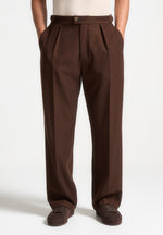 Relaxed Fit Twill Pleated Tailored Trousers - Brown