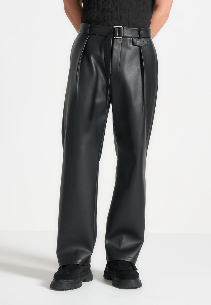 Relaxed Fit Leather Pleated Trouser - Black