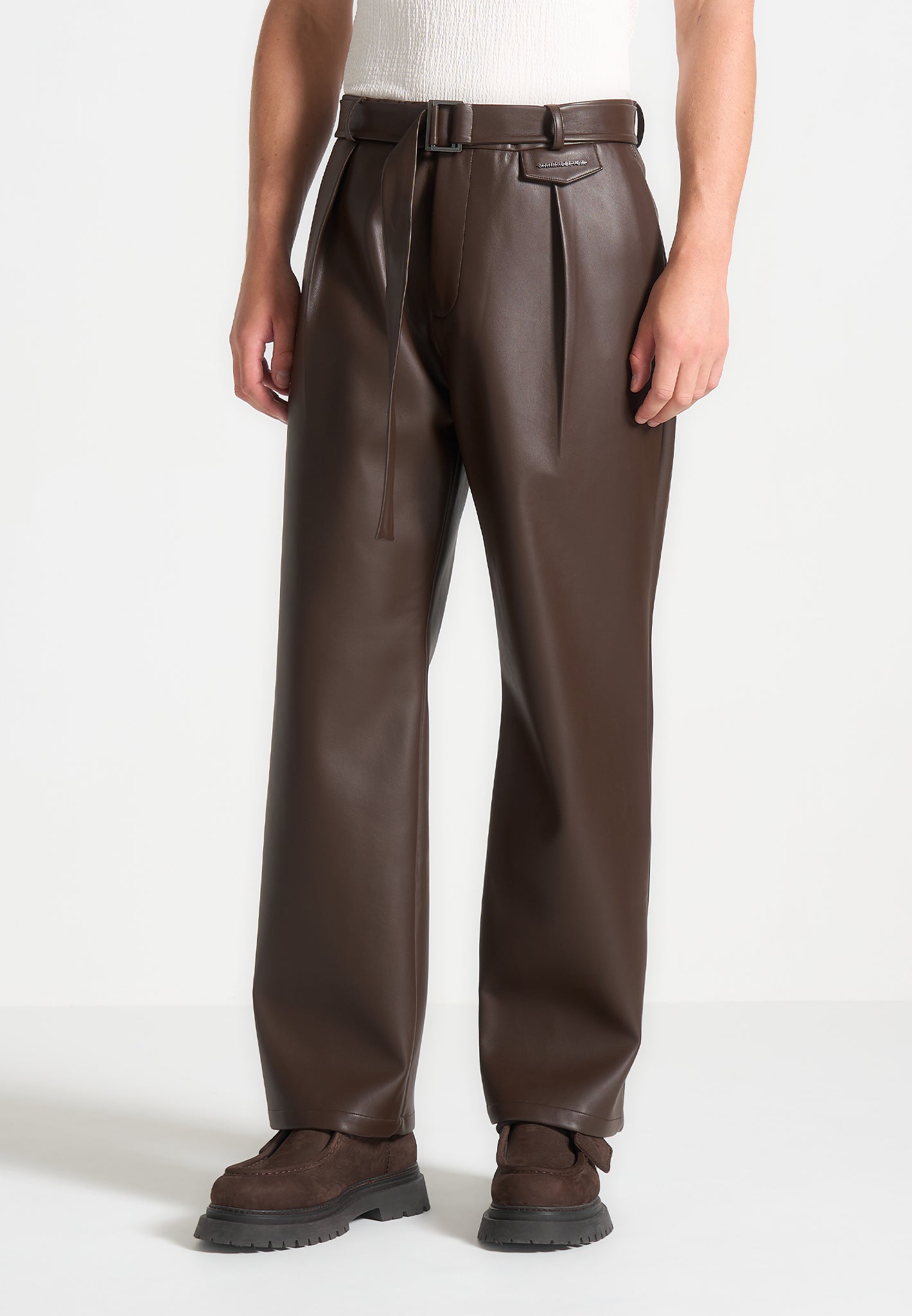 Relaxed Fit Vegan Leather Pleated Trouser - Brown