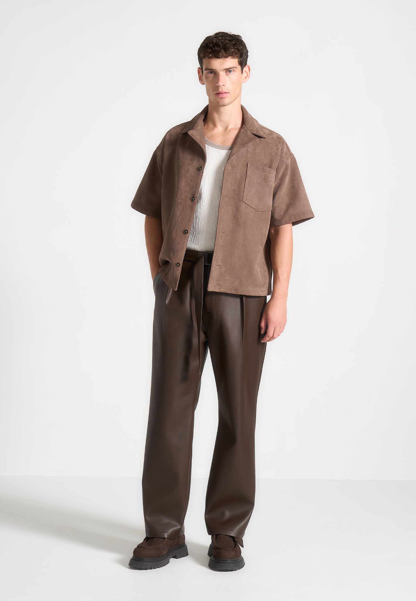 Relaxed Fit Vegan Leather Pleated Trouser - Brown