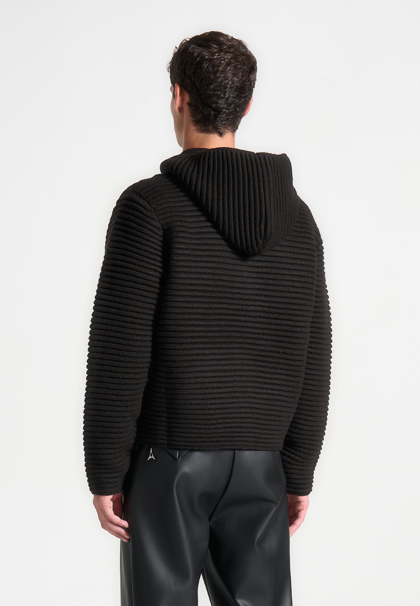 Ribbed Knit Zip Up Hoodie Black