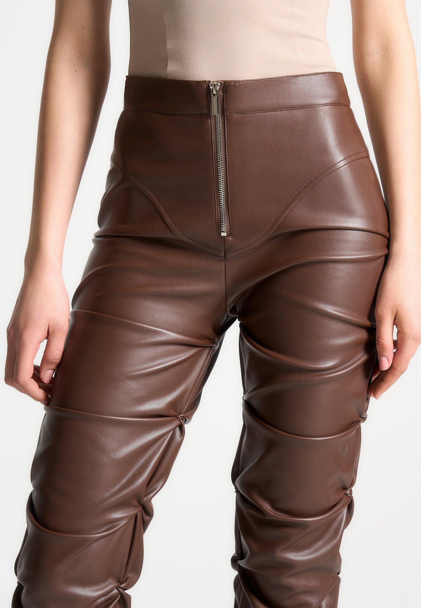 tacked-vegan-leather-flared-trousers-chocolate-brown