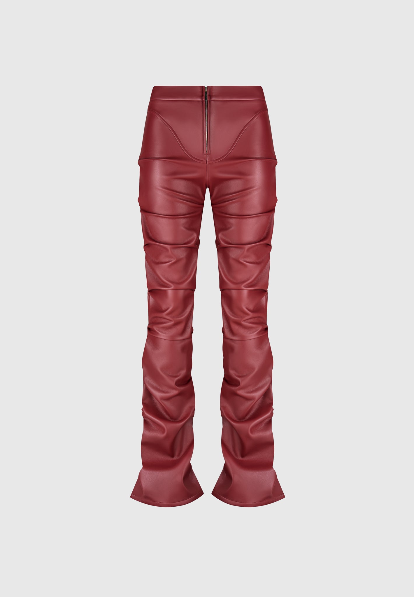 tacked-vegan-leather-flared-trousers-wine-red