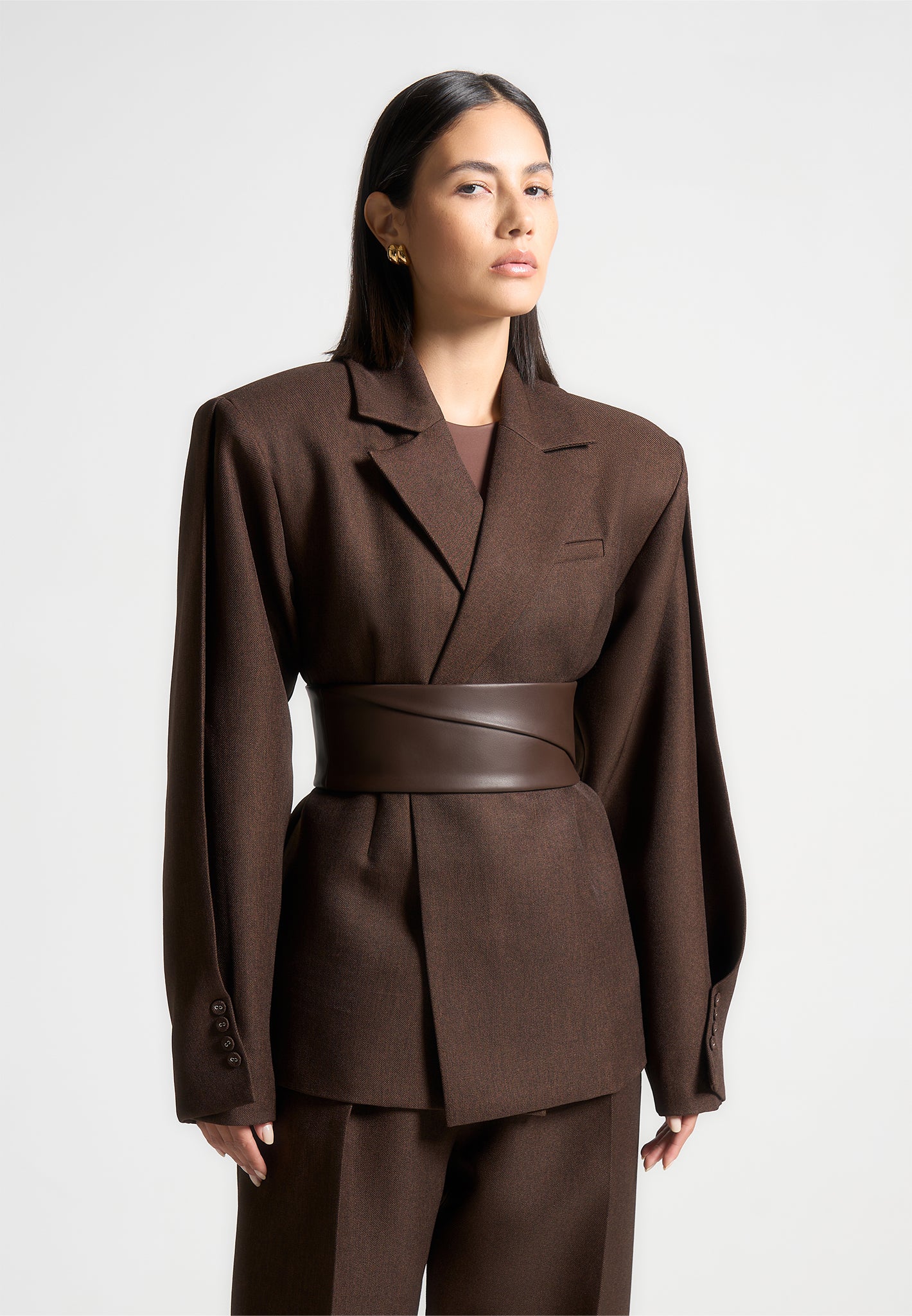 twist-sleeve-tailored-blazer-with-belt-brown