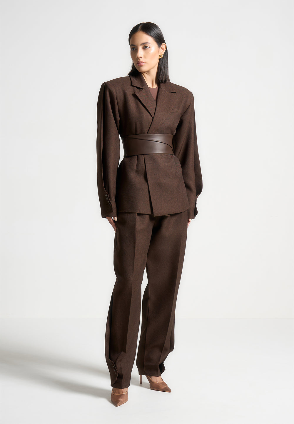 twist-sleeve-tailored-blazer-with-belt-brown