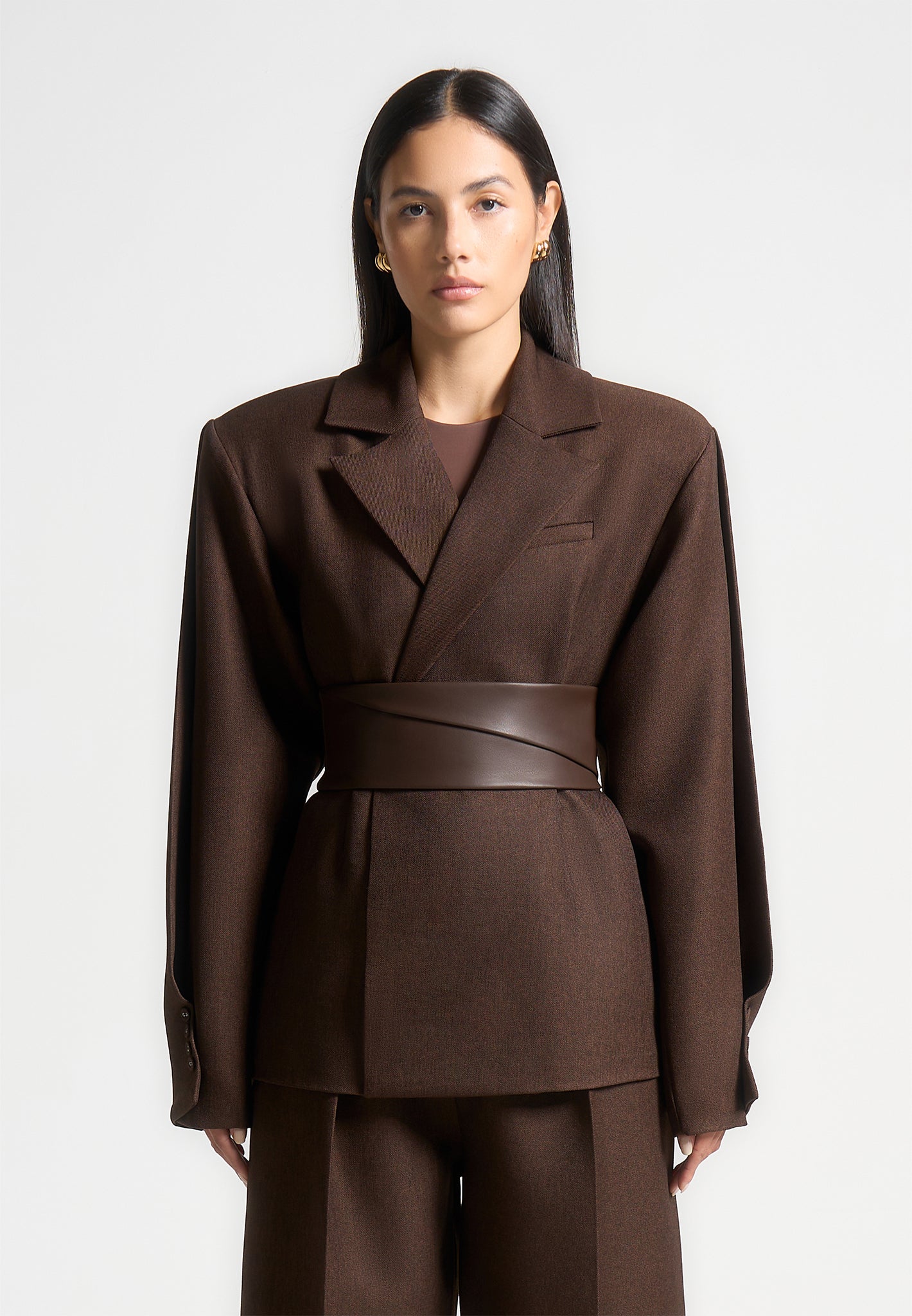 twist-sleeve-tailored-blazer-with-belt-brown