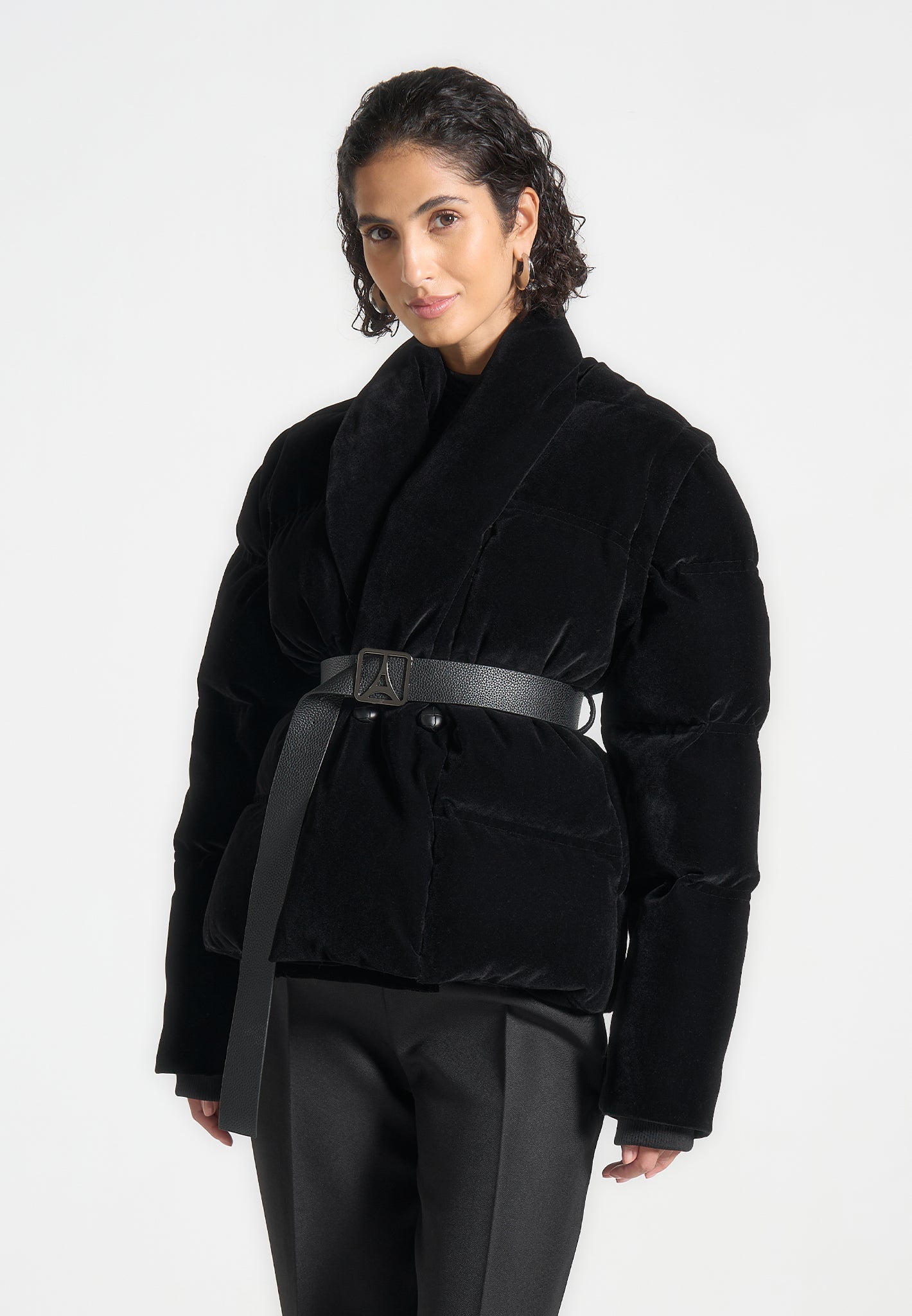 Velvet Wrap Belted Puffer Jacket Black Maniere De Voir