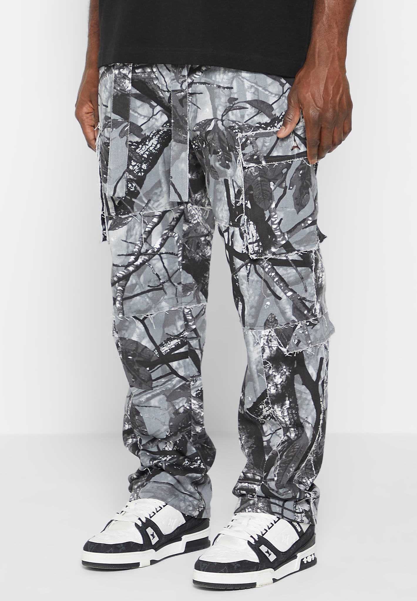 Petite Grey Camo Paint Splatter Cargo Trousers  PrettyLittleThing