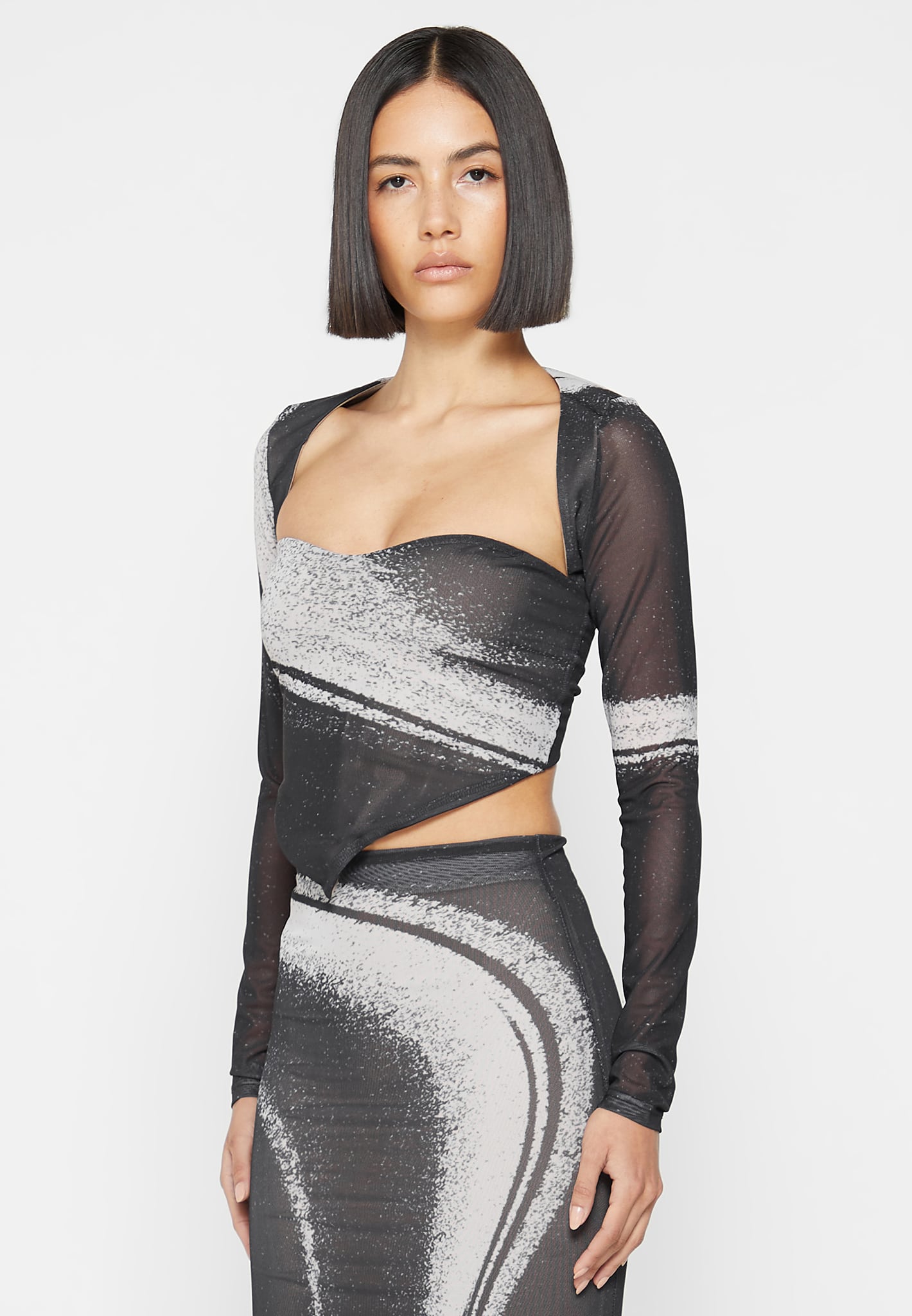 Mesh Printed Top with Sleeve Overlay - Black