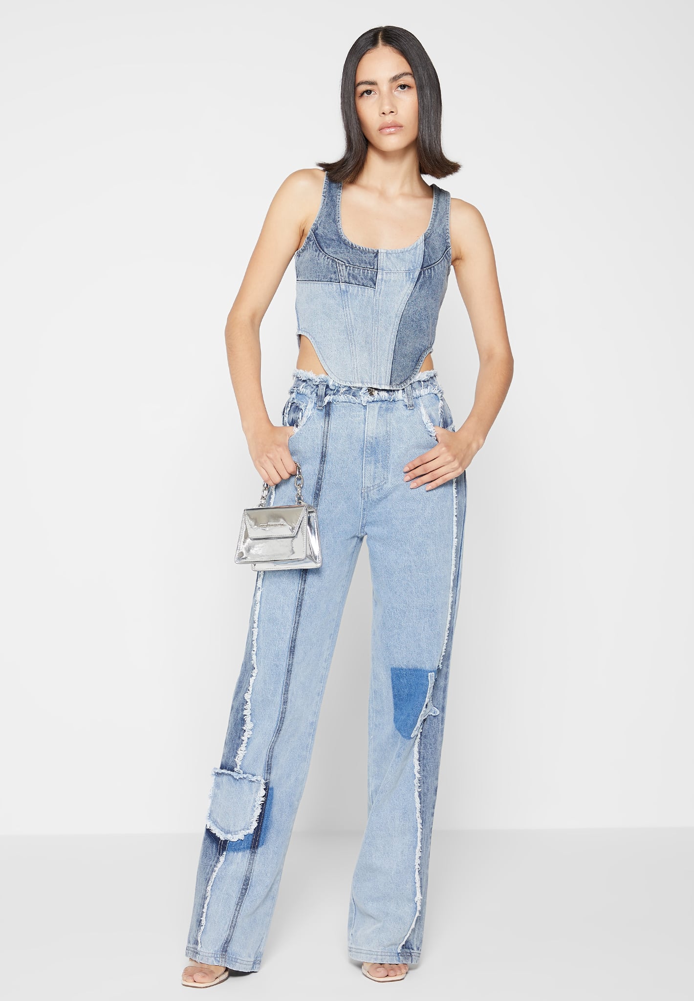 Panelled Denim Corset Top - Mid Blue | Manière De Voir