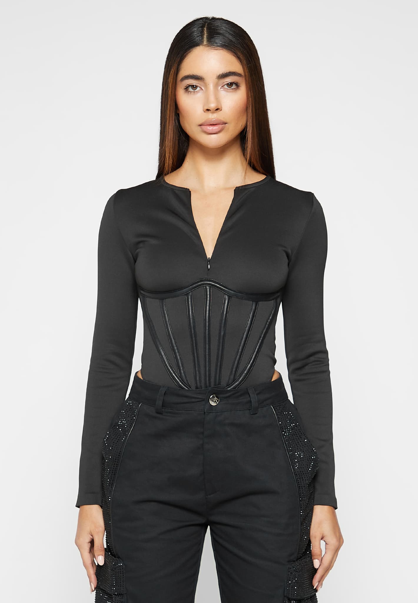 Vegan Leather Corset Detail Bodysuit Black Manière De Voir 0760