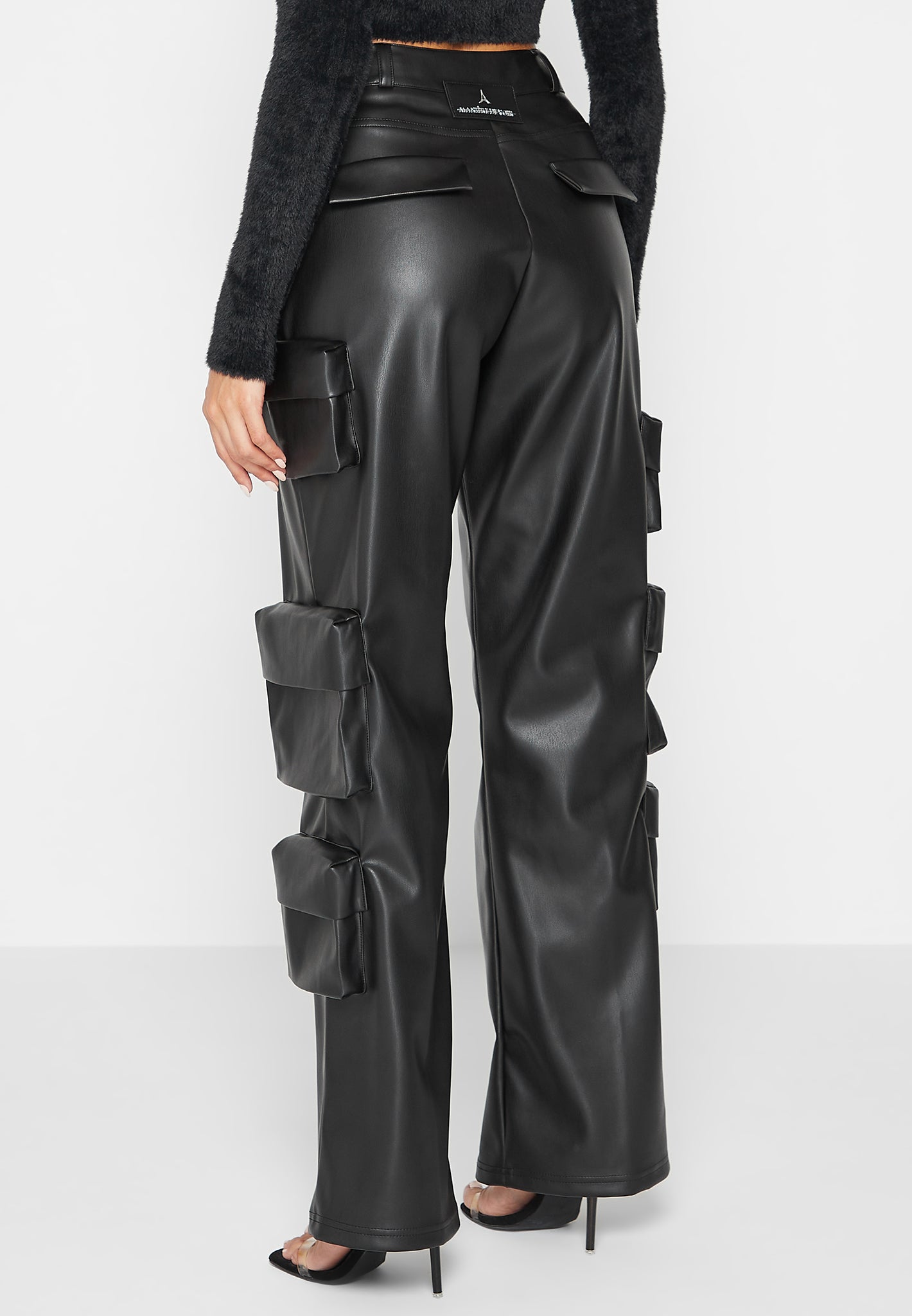 Vegan Leather Multi Cargo Pocket Trousers - Black