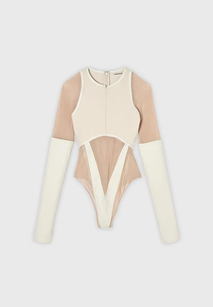 High Leg Effect Vegan Leather Bodysuit - Beige