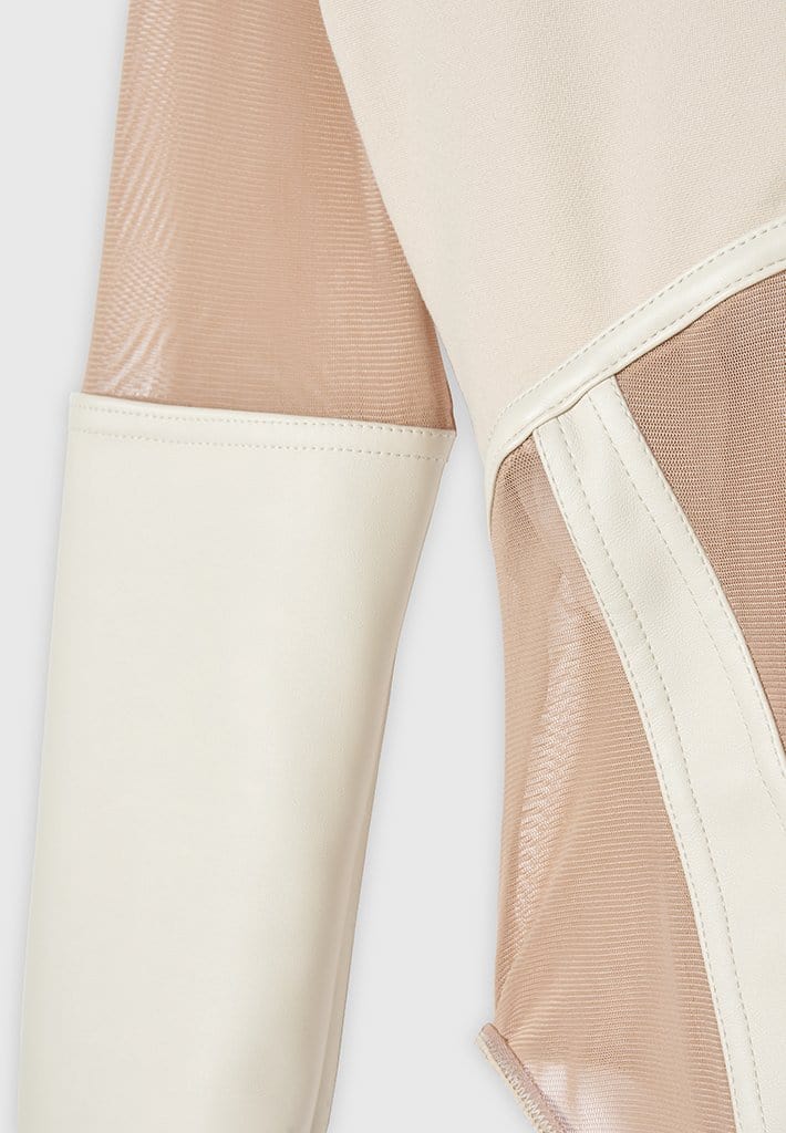 High Leg Effect Vegan Leather Bodysuit - Beige