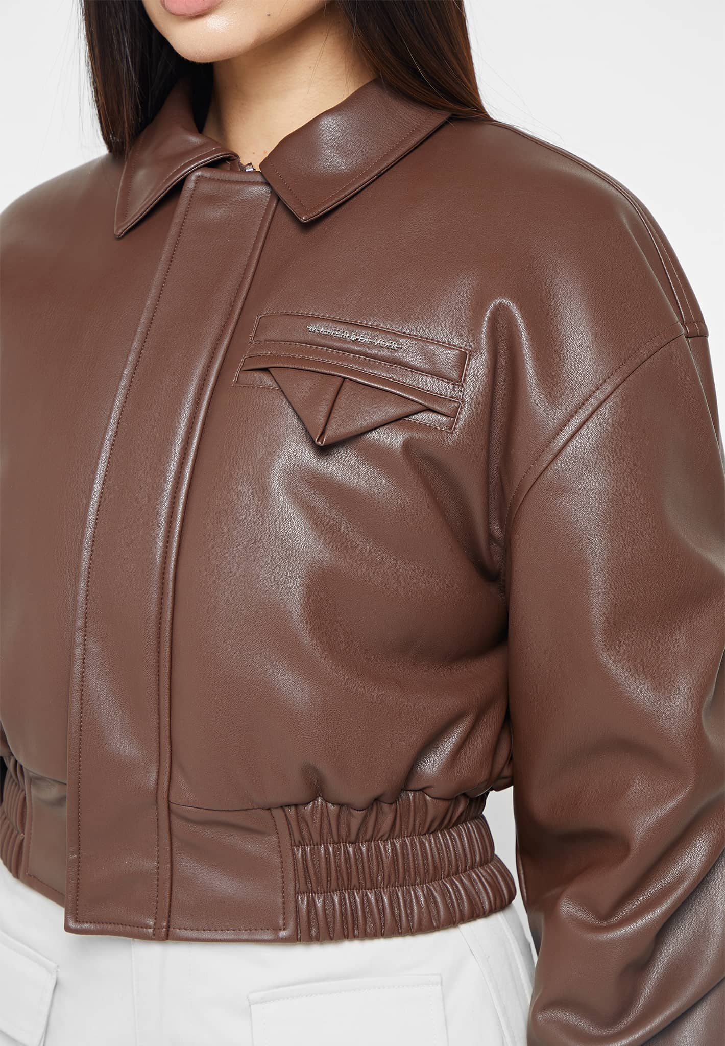 EDIKTED Vegan Leather Bomber Jacket - Brown | Large